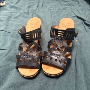 Dansko Oralee Black Leather Sandals with Cut-Out Design